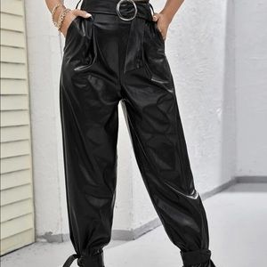 Knotted Hem Belted PU leather pants